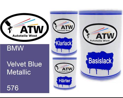 BMW, Velvet Blue Metallic, 576: 500ml Lackdose + 500ml Klarlack + 250ml Härter - Set, von ATW Autoteile West.